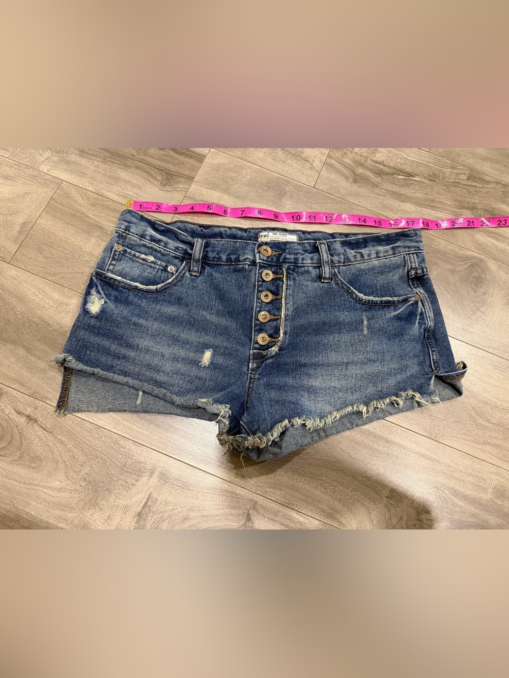 Free People Button-Fly Distressed Denim Jean Shorts in Blue